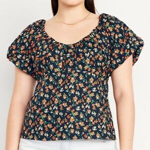 NWOT Old Navy Floral Cotton Puff Sleeve Babydoll Smocked Blouse Size XL Navy